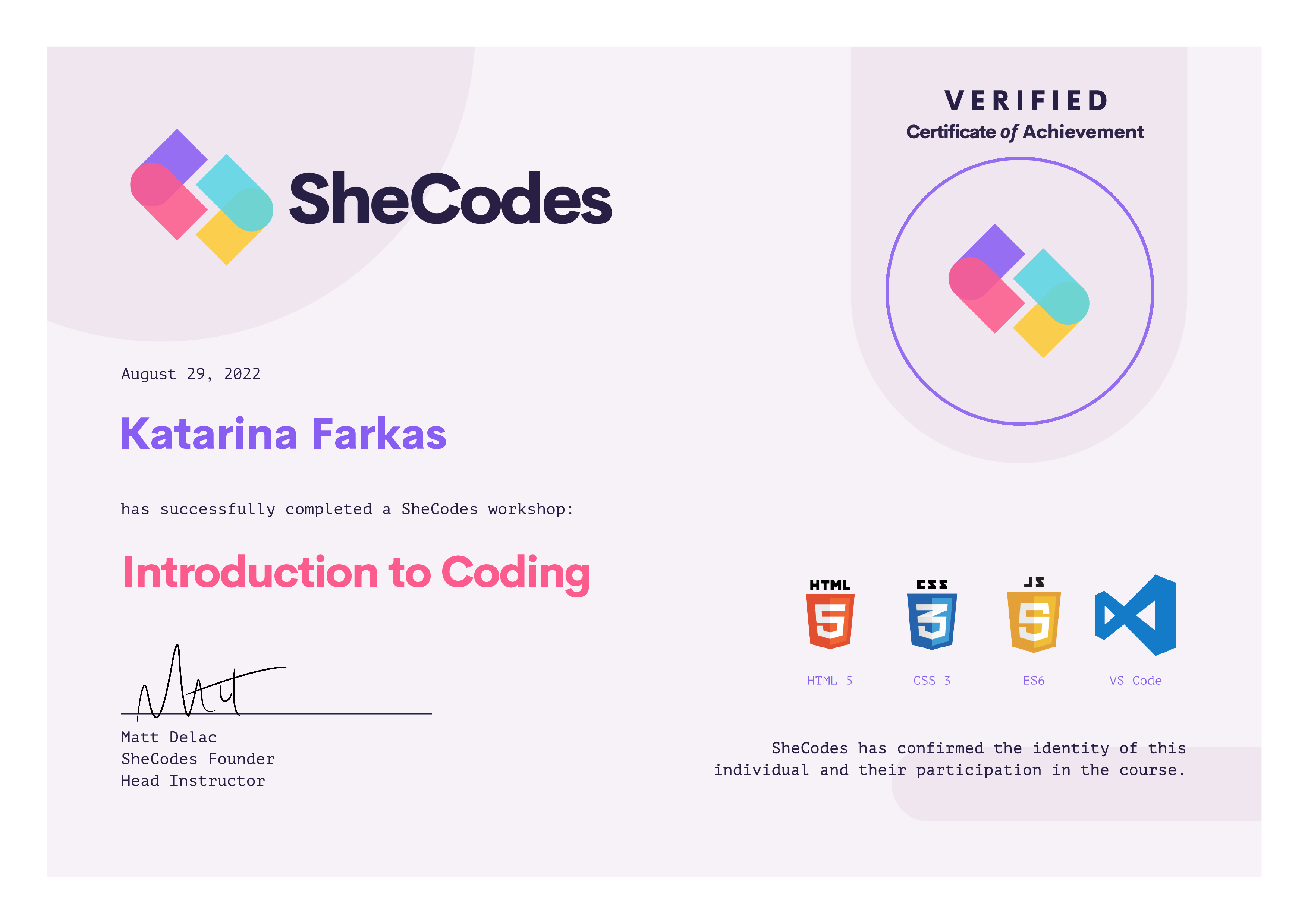 SheCodes Introduction to Coding certificate